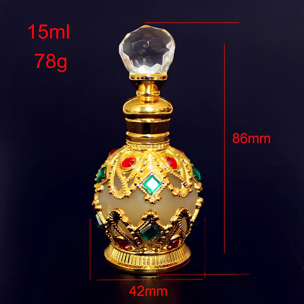 Arabic style glass perfume bottle with zinc alloy hardware and electroplated finish in choice of colours