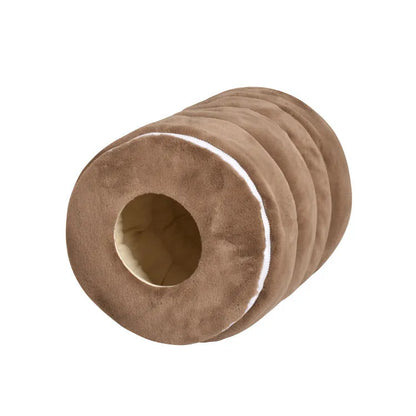 Camel-coloured cloth pet nest with soft rabbit fur lining, measuring 50x33 cm.