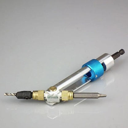 Half Time Drill Driver adapter set with swivel head, shown with Phillips, flathead, and countersink bits on a workbench.