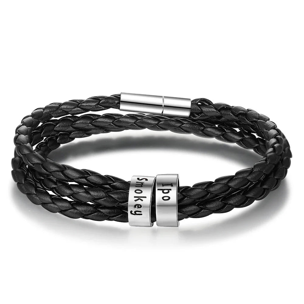 A personalized leather bracelet with engraved beads, a thoughtful gift for men