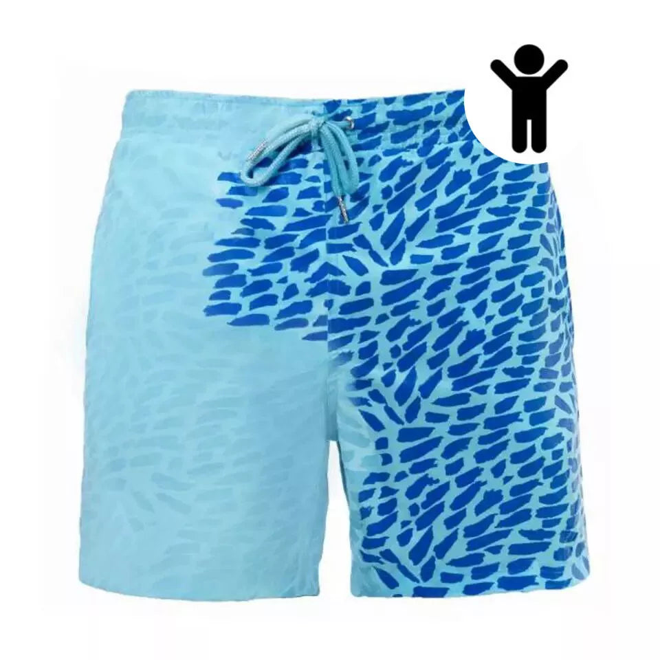 Men's colour-changing beach shorts in various colours, showing quick-dry and water-reactive features