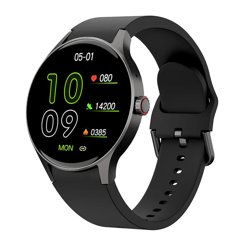Smart watch with blood sugar and heart rate monitoring on wrist showing AMOLED display