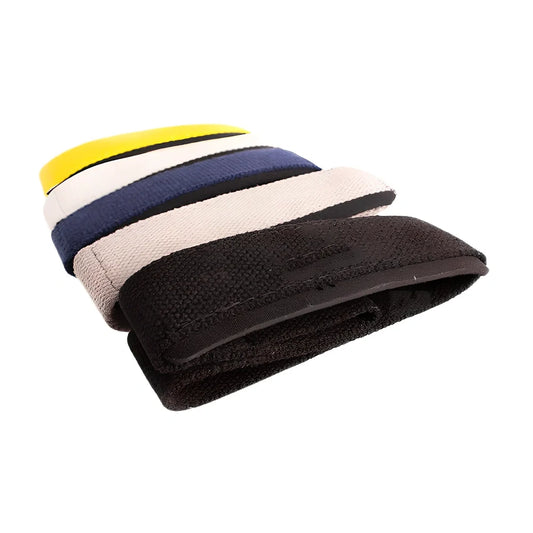 Pair of grey weightlifting straps with metal buckles showing 45cm length and 5cm width dimensions