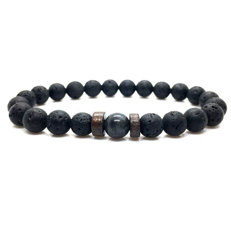 A stylish and durable men's bracelet made with volcanic stone, flash stone, and wood chips