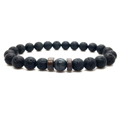 A stylish and durable men's bracelet made with volcanic stone, flash stone, and wood chips