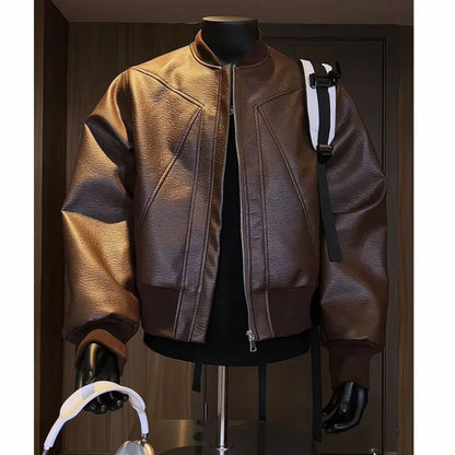 Man wearing a long black PU leather jacket with a litchi grain texture, showing its extended 100cm length and tight fit.