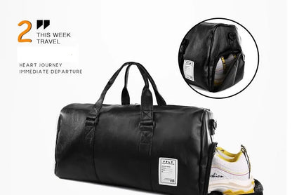 Black waterproof sports bag with separate shoe compartments on the sides, shown with adjustable diagonal strap.
