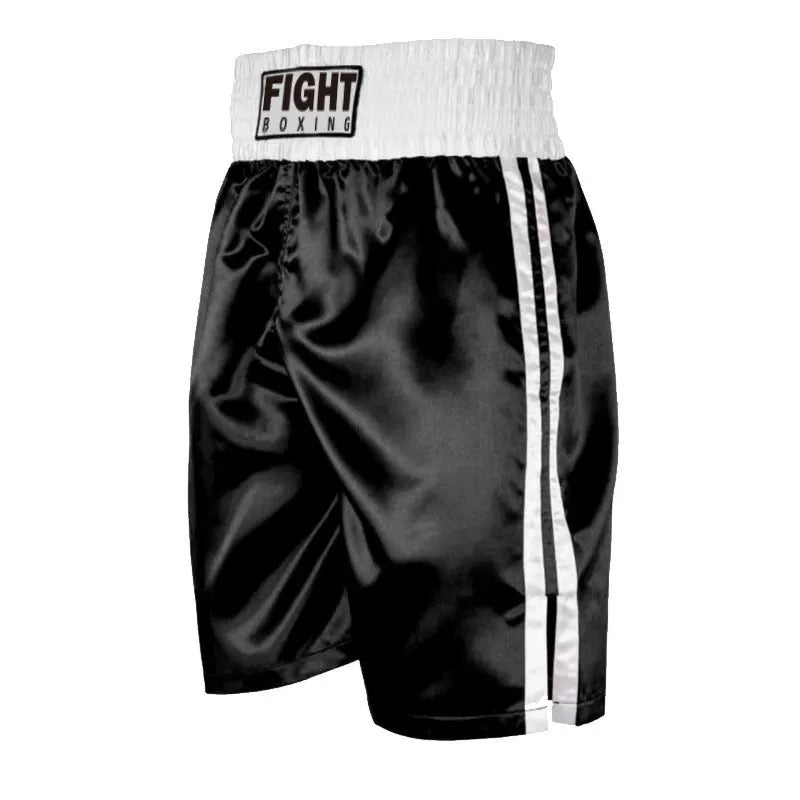 Men's boxing shorts in black and white with side stripe, laid flat showing design.