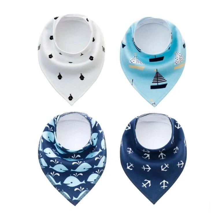 Set of four cotton baby bibs with arrow and wave designs for mess-free feeding