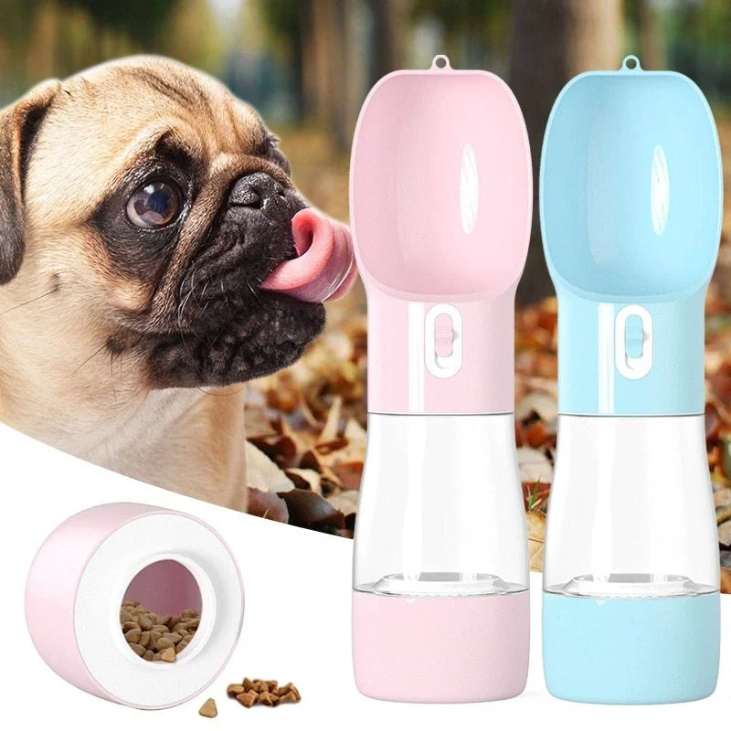 Traveling Out Portable Dog Water and Food Dispenser in pink, green, blue, and gray