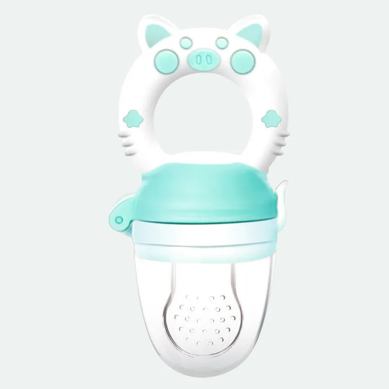 Silicone baby teether chew toy in blue, green, or pink for infant gum relief