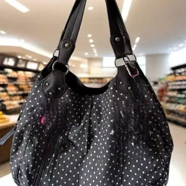 Retro polka-dot canvas shoulder bag with double shoulder straps, oval shape, soft polyester, patchwork stitching