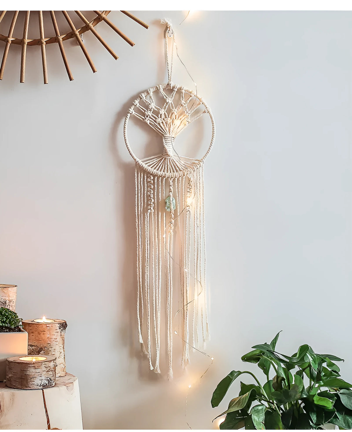 Handmade rectangular dream catcher tree tapestry woven from cotton rope, 73 cm long.