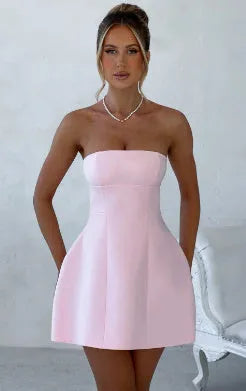 Women's solid colour backless tube dress with high waist A-line skirt
