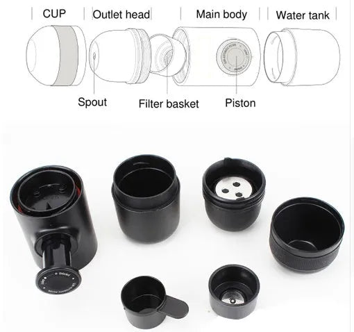 Black portable manual espresso maker with stainless steel parts, shown next to a coffee bag and mug.