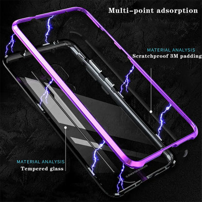 Magnetic phone case with metal frame and 9H tempered glass back in black, blue, red, or white for Honor and Huawei phones