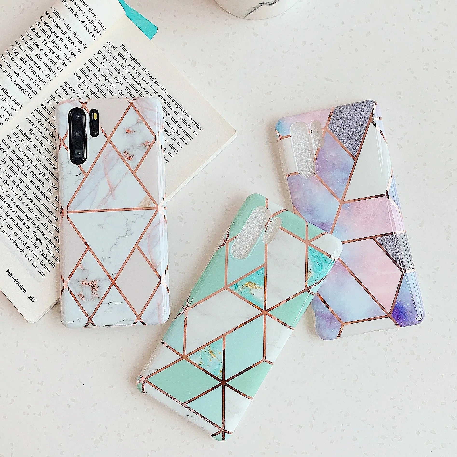 Electroplated marble mobile phone case for Huawei and Samsung smartphones with TPU construction and scratch-resistant finish