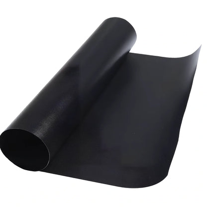 Black and yellow reusable BBQ grilling mat measuring 400x330mm with non-stick PTFE-coated surface