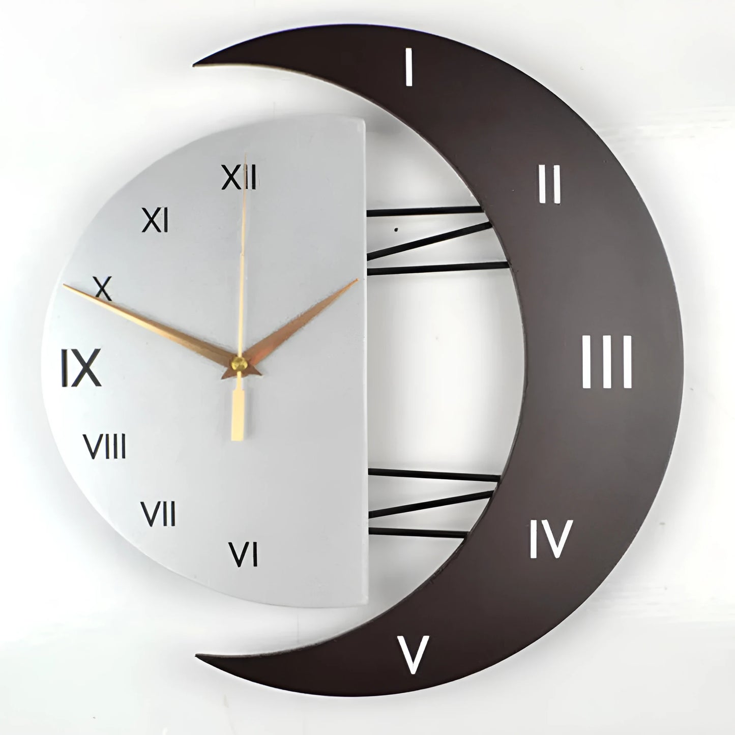 Round wall clock with pointer and number display showing 24-hour indication on wooden MDF shell