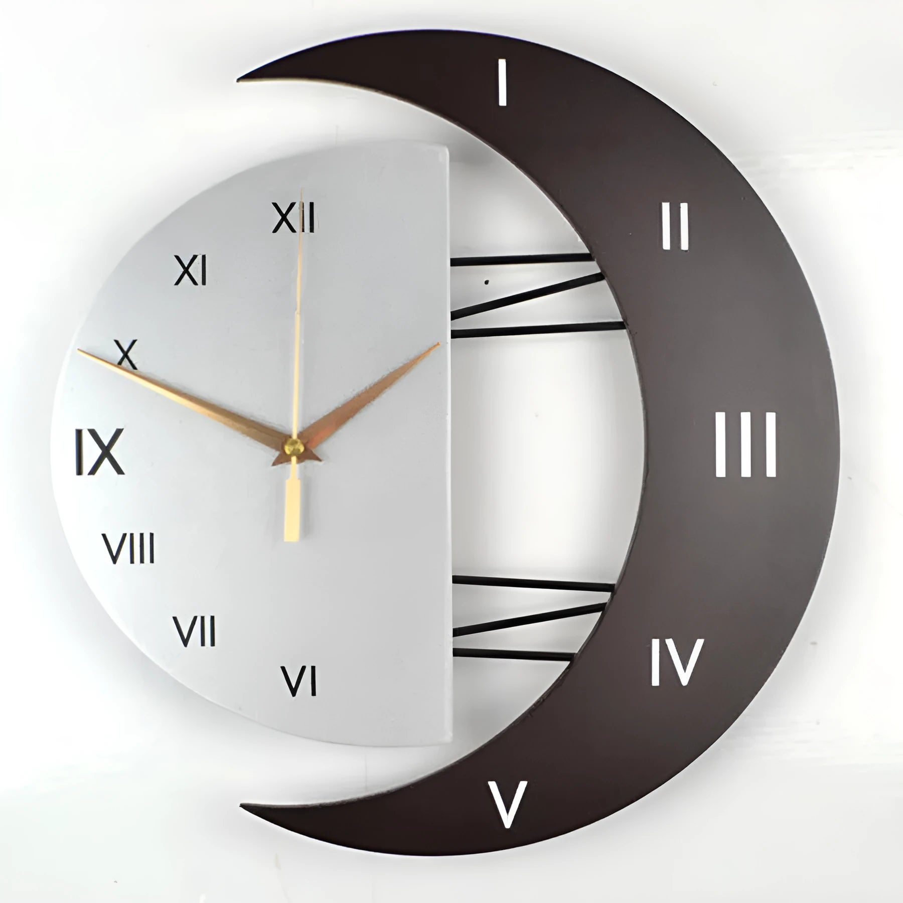 Round wall clock with pointer and number display showing 24-hour indication on wooden MDF shell