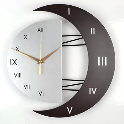 Round wall clock with pointer and number display showing 24-hour indication on wooden MDF shell