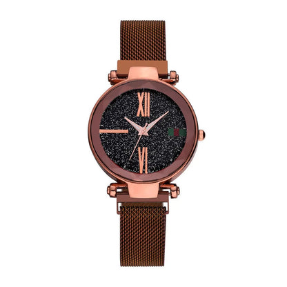 Ladies quartz watch with stainless steel magnet band in choice of six colours on wrist.