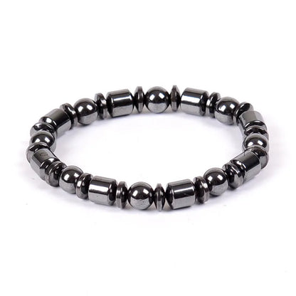 Black pentagram stone magnetic therapy bracelet with magnetite and hematite beads on a stretch band.