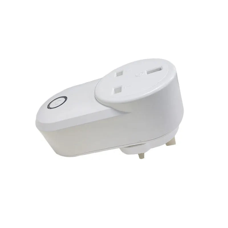 A neutral-colour wifi smart socket showing UK and US plug versions for remote and voice control.