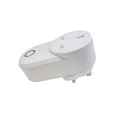 A neutral-colour wifi smart socket showing UK and US plug versions for remote and voice control.