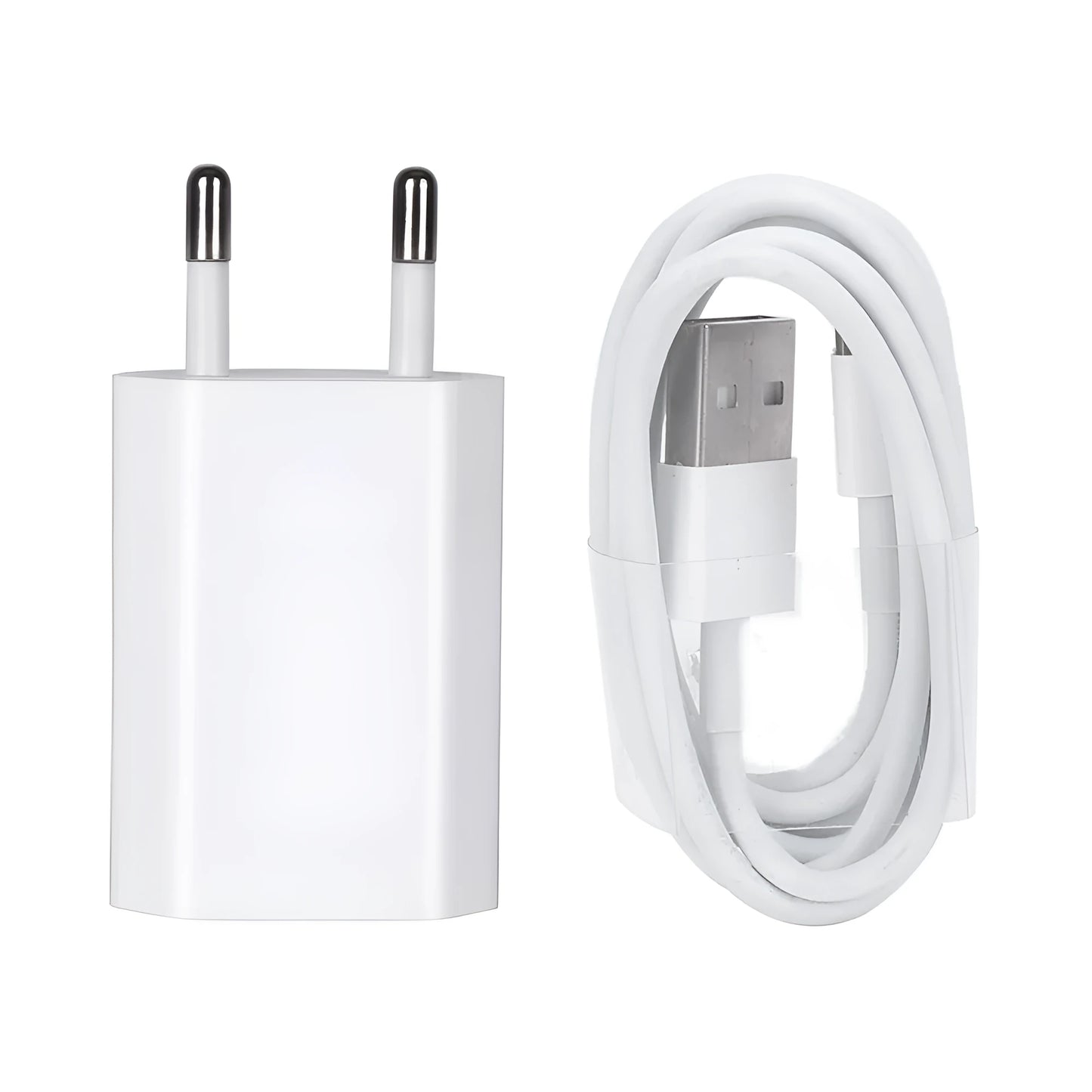 White 5V 2A USB wall charger and white Lightning cable on a wooden table