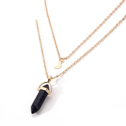 Elegant natural stone hexagonal necklace with double moon and crescent pendant in various colours