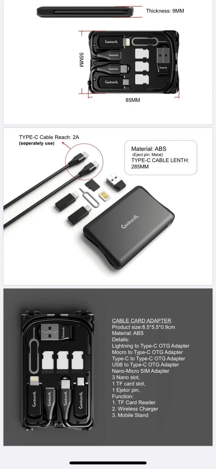 Multifunctional Travel Survival Card All-in-One Data Cable in black, compact design for easy travel