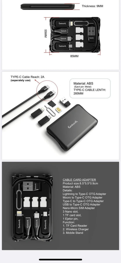 Multifunctional Travel Survival Card All-in-One Data Cable in black, compact design for easy travel