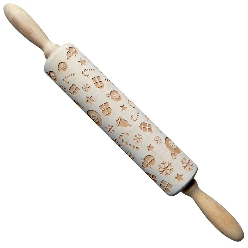 Festive rolling pin with embossed Christmas designs for easy imprinting on dough