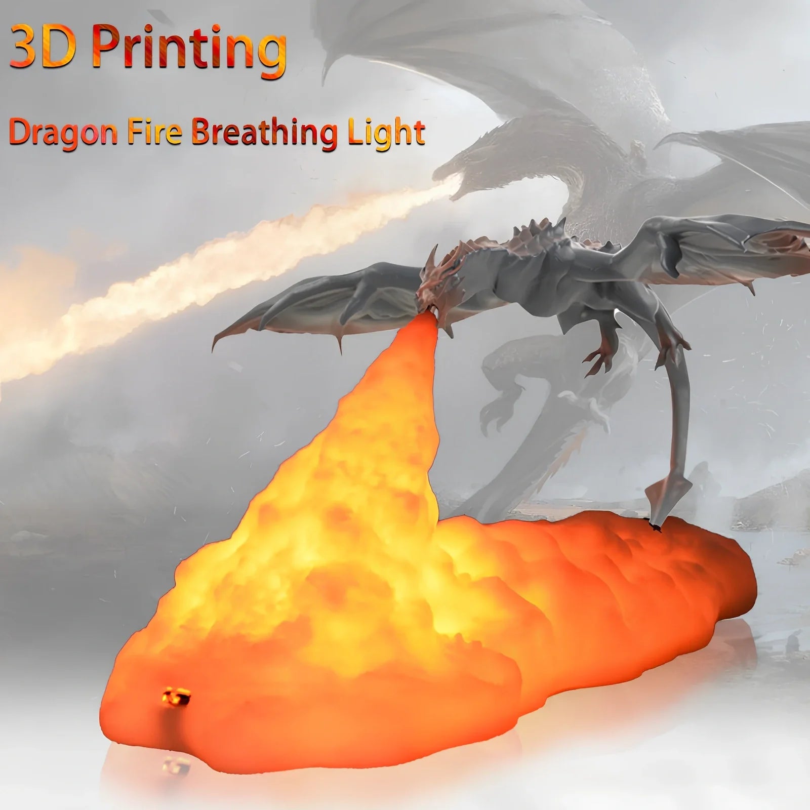 3D printed dragon LED night light with blue colour and fire illumination effect