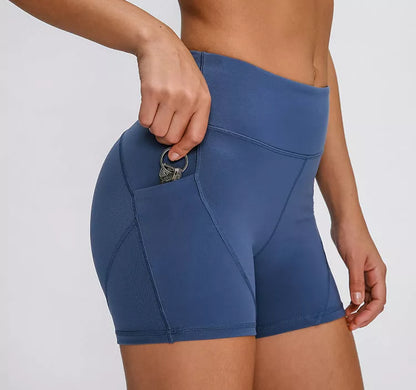 SHINBENE Women's High Waisted Sport Shorts in green, blue, and black