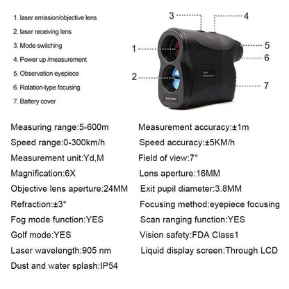 Versatile laser distance meter with German-engineered optics for precise outdoor measurements up to 600 meters