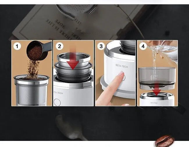White smart pour-over coffee maker with stainless steel filter on kitchen countertop