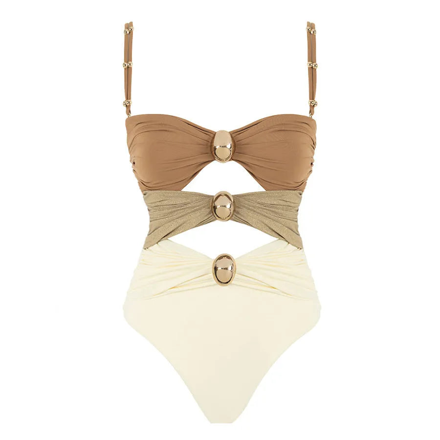 Women's one-piece swimsuit with round buckle decoration and hollow-out stitching design in nylon fabric