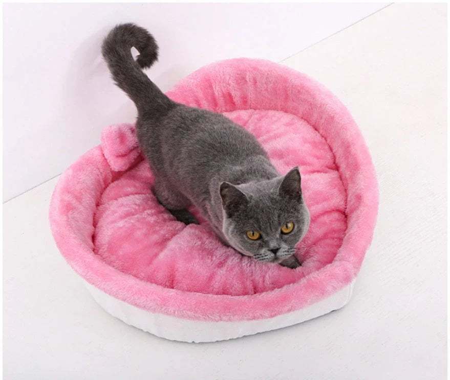 Cozy heart-shaped pet bed in grey and pink colors, suitable for small, medium, and large dogs and cats