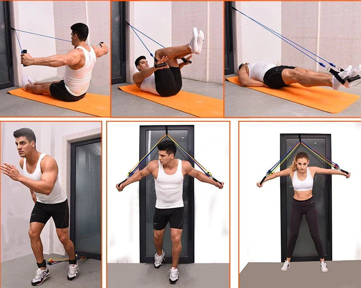 Adjustable resistance bands for full-body toning and strength training at home, featuring various resistance levels and soft foam handles