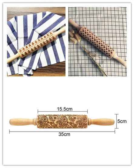 Festive rolling pin with embossed Christmas designs for easy imprinting on dough