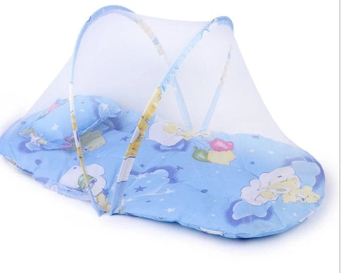 Portable foldable baby mosquito net tent in navy blue and soft pink with sleeping cushion