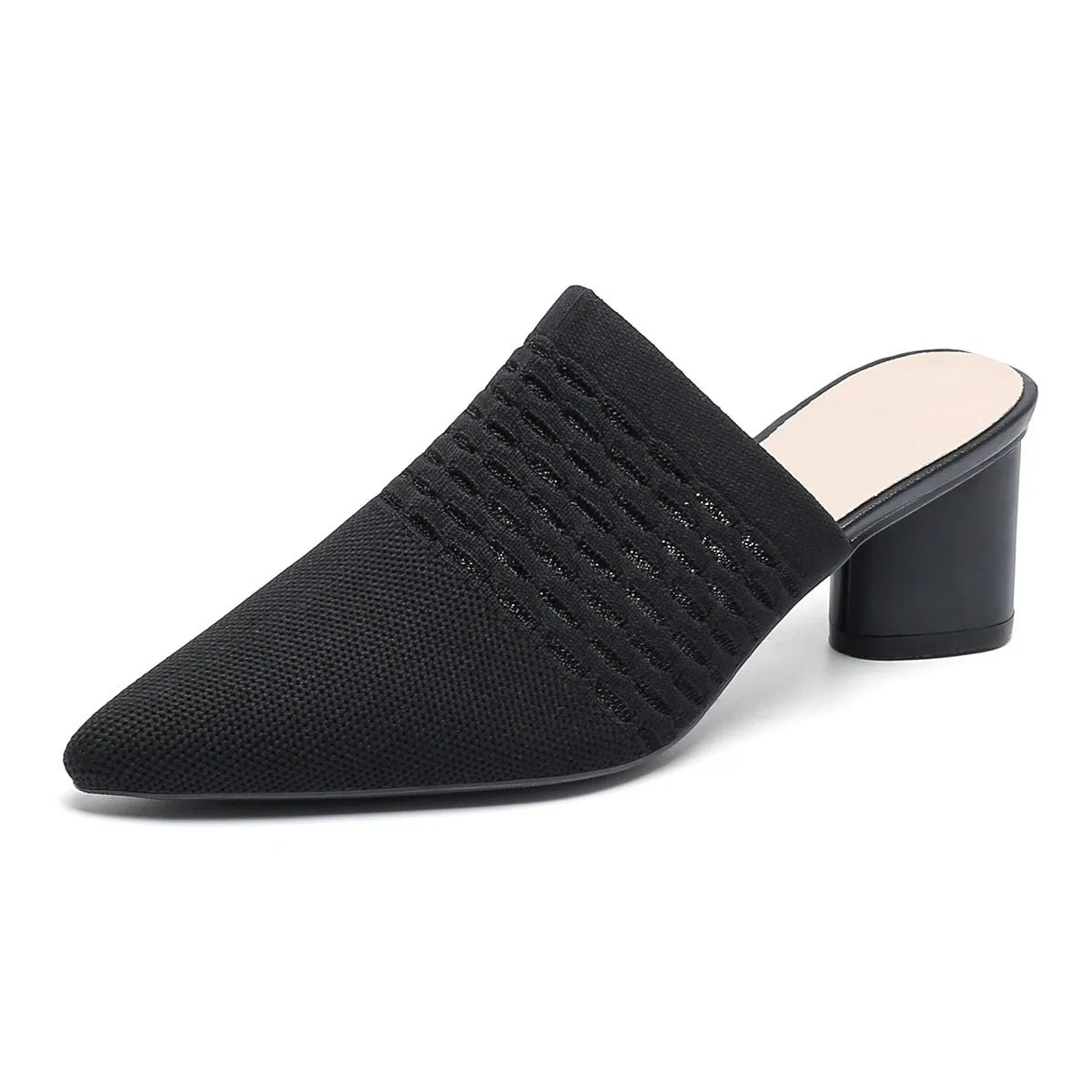 Women's black pointed toe sandals with a fabric upper and a 5cm chunky rubber heel