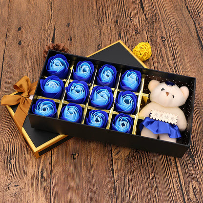 12 rose soap flowers with bear accents in basket arrangement, red colour variant in gift box