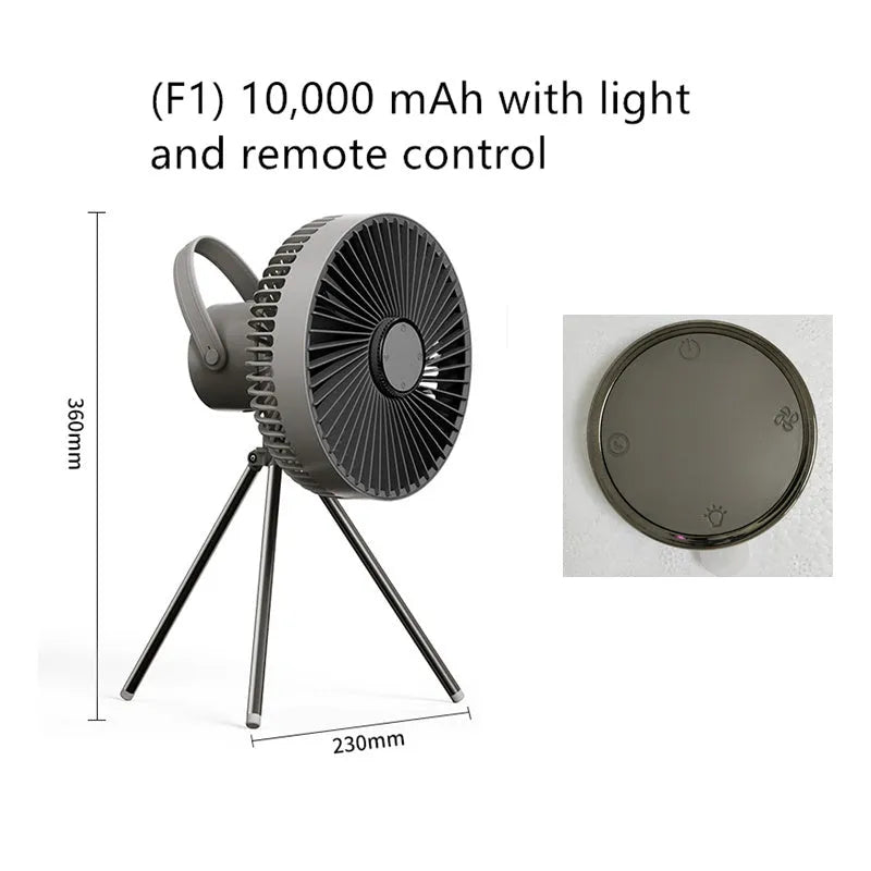 White camping fan mounted on aluminum tripod with Type-C charging cable