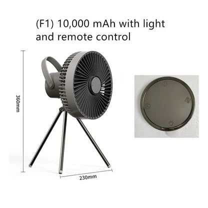 Versatile Portable USB Rechargeable Camping Fan with Adjustable Tripod Stand for Desk, Ceiling, and Hanging Use