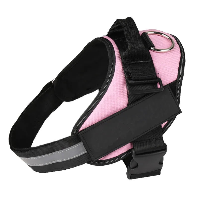 Adjustable reflective nylon dog harness vest with a sturdy handle and chest strap, shown on a size chart.