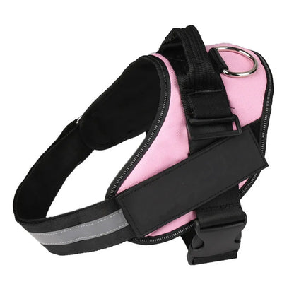 Adjustable reflective nylon dog harness vest with a sturdy handle and chest strap, shown on a size chart.