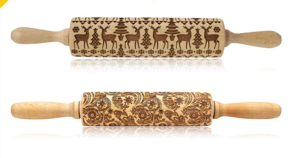 Festive rolling pin with embossed Christmas designs for easy imprinting on dough